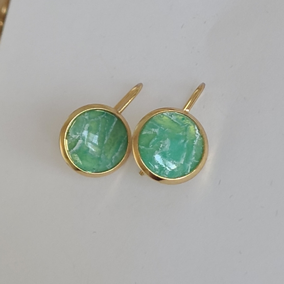 Hand Crafted Boho Gold Green Jade Gemstone Circle Drop Dangle Earrings - Picture 6 of 10